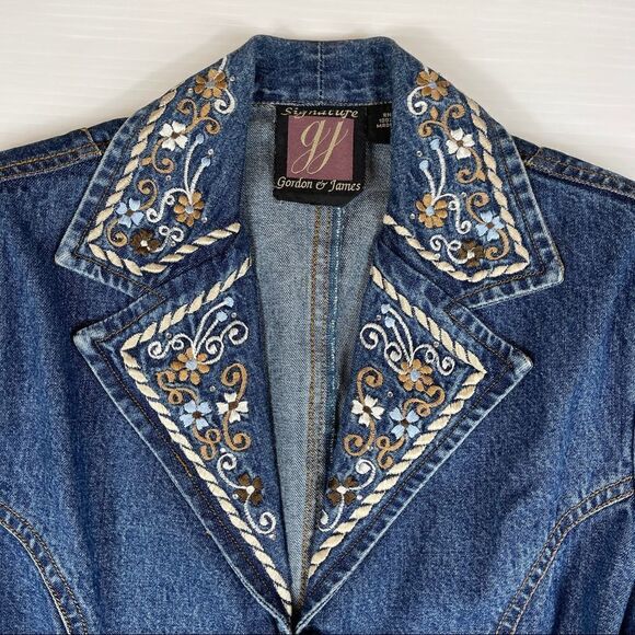 Vintage Signature Gordon & James Blue Denim Blazer Embroidered Lapels Women's M - Picture 2 of 9